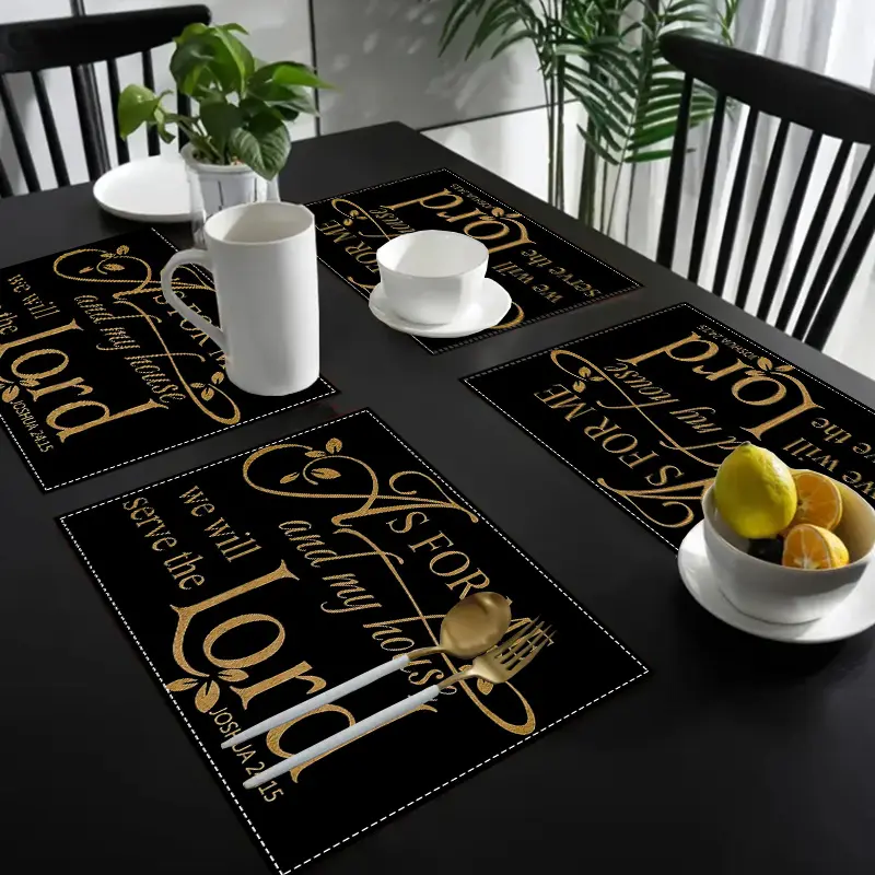 Linen Placemats 4-Pack, 12x18 in Lightweight Woven Rectangular Tableware, Floral Pattern with Inspirational Quotes, Machine Washable, Decorates the Table for Christian Home & Kitchen Decor