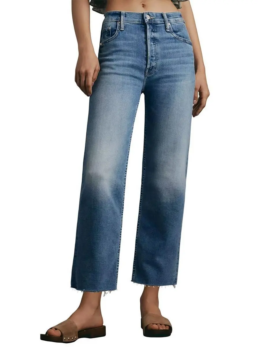 Allimy Women's High Waist Stretchy Straight Leg White Jeans - Cropped Denim Pants with Raw Hem, Multi-Pocket, Buttons, Loose-Fit, Minimalist Casual Street Wear for Halloween, Valentines Day