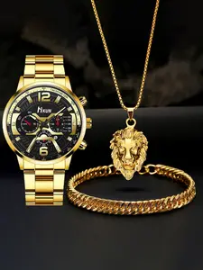 Men's Quartz Watch Set with Pendant Necklace & Bracelet, Fashionable Casual Cool Style, Back-To-School Thanksgiving Birthday Gift