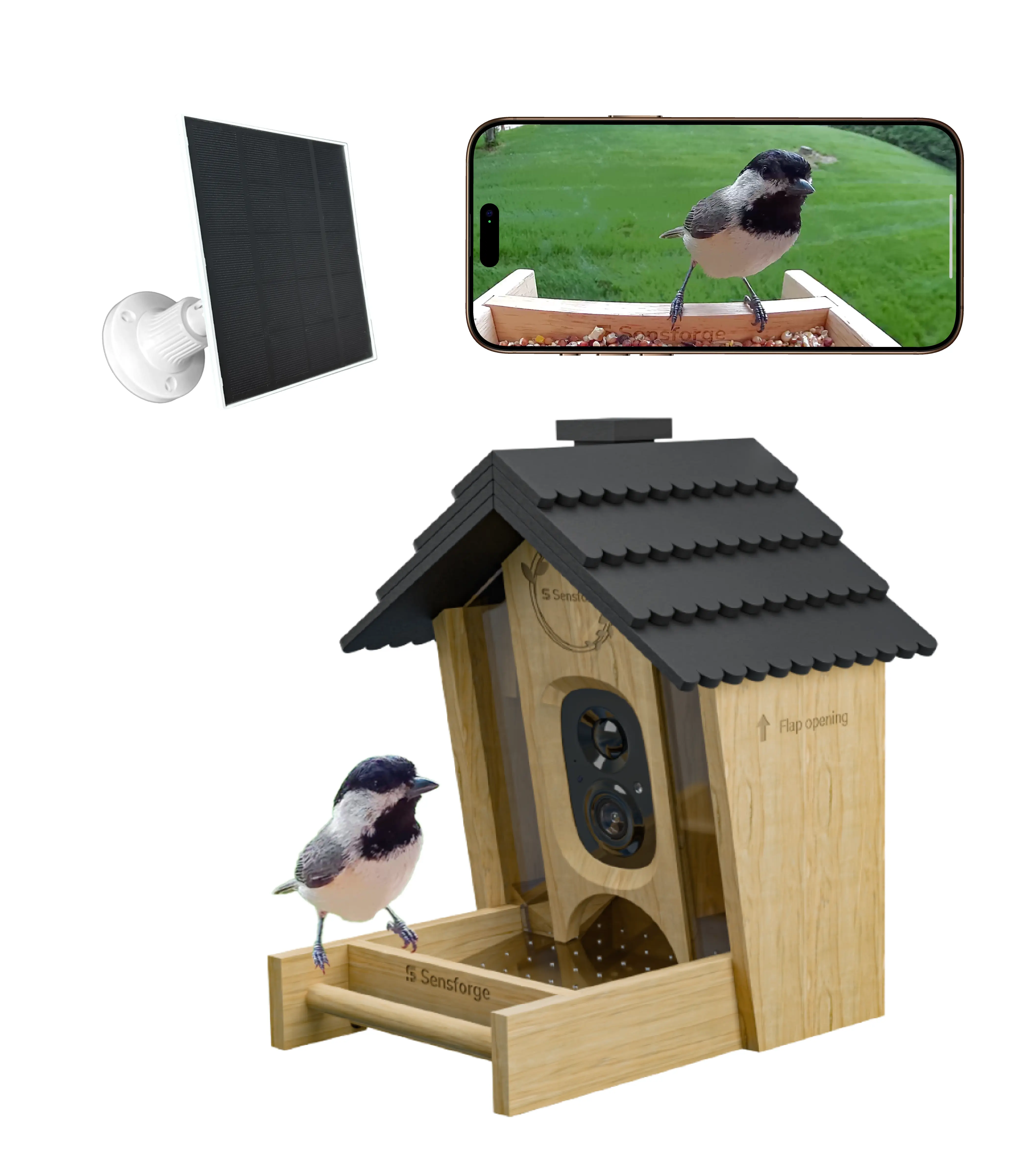 SensForge Smart AI Bird Feeder Camera, 2.5K HD Live View, Solar-Powered Wooden Outdoor Feeder with AI Recognition, Weatherproof, App Notifications - Ideal for Bird Lovers, Parents & Kids