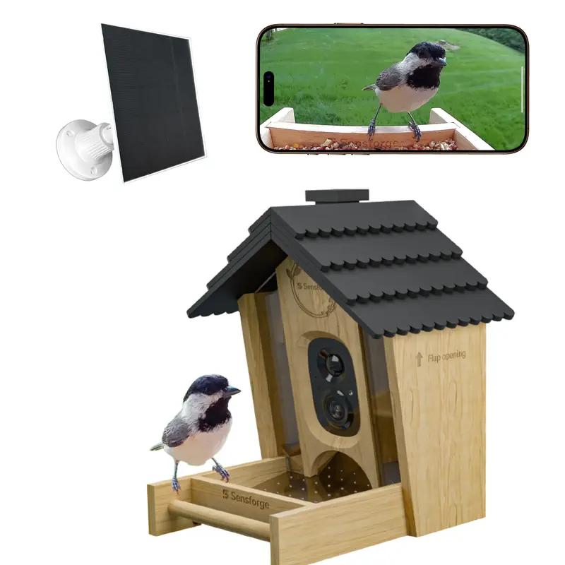 SensForge Smart AI Feeder Camera, 2.5K HD Live View, Solar-Powered Solid Oak Outdoor Feeder, Weatherproof, Squirrel Alarm, App Notifications, 5200mAh Built-In Battery, 32GB MicroSD Card Compatible, Cloud Storage - Ideal for Bird Lovers