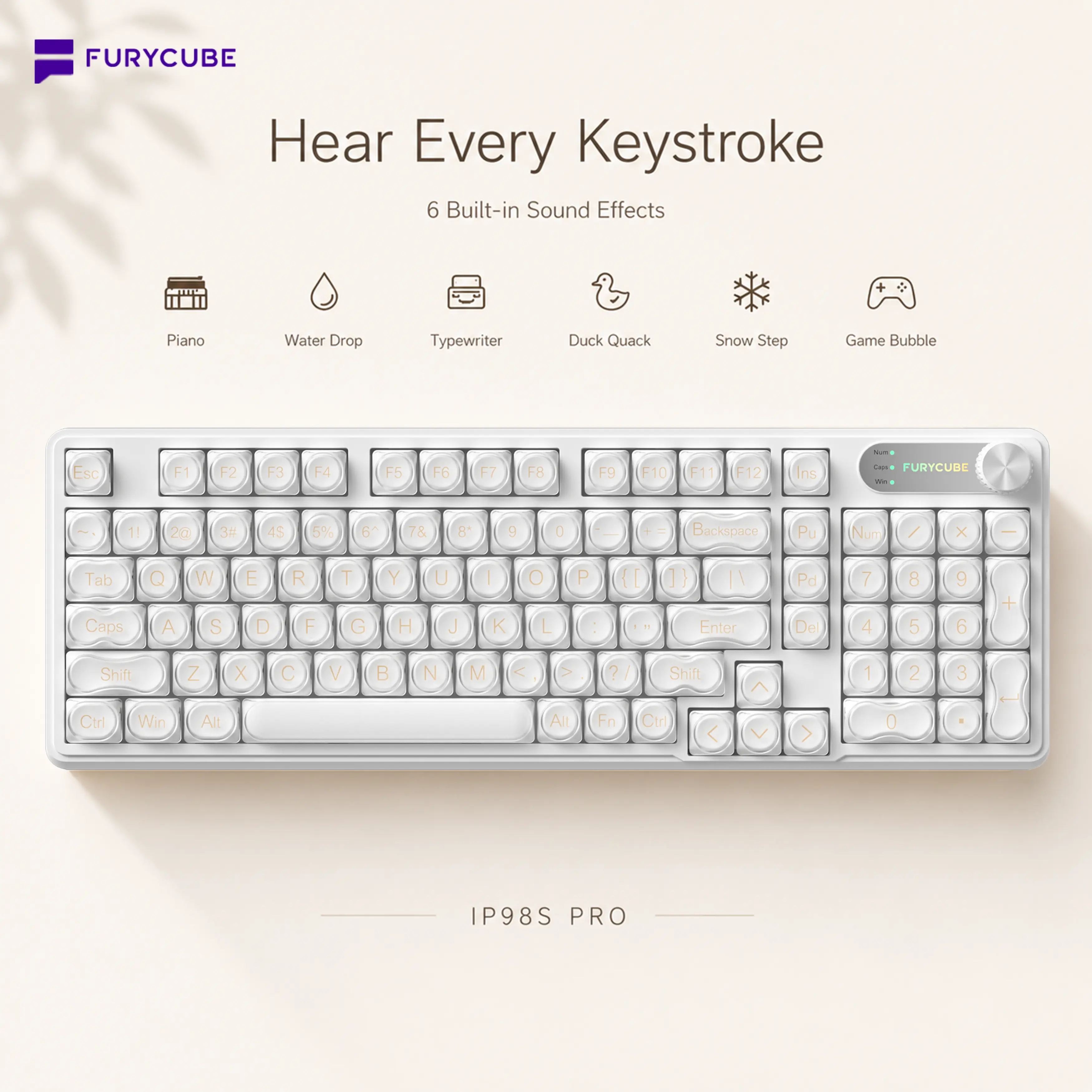 FURYCUBE IP98S Pro Transparent RGB Keyboard 98 Keys | Tri-Mode Wireless(BT/2.4G/USB-C) Mechanical Feel | Media Knob | 6 Sound Effects | Silent Gaming & Office Keyboard | Summerwins gift