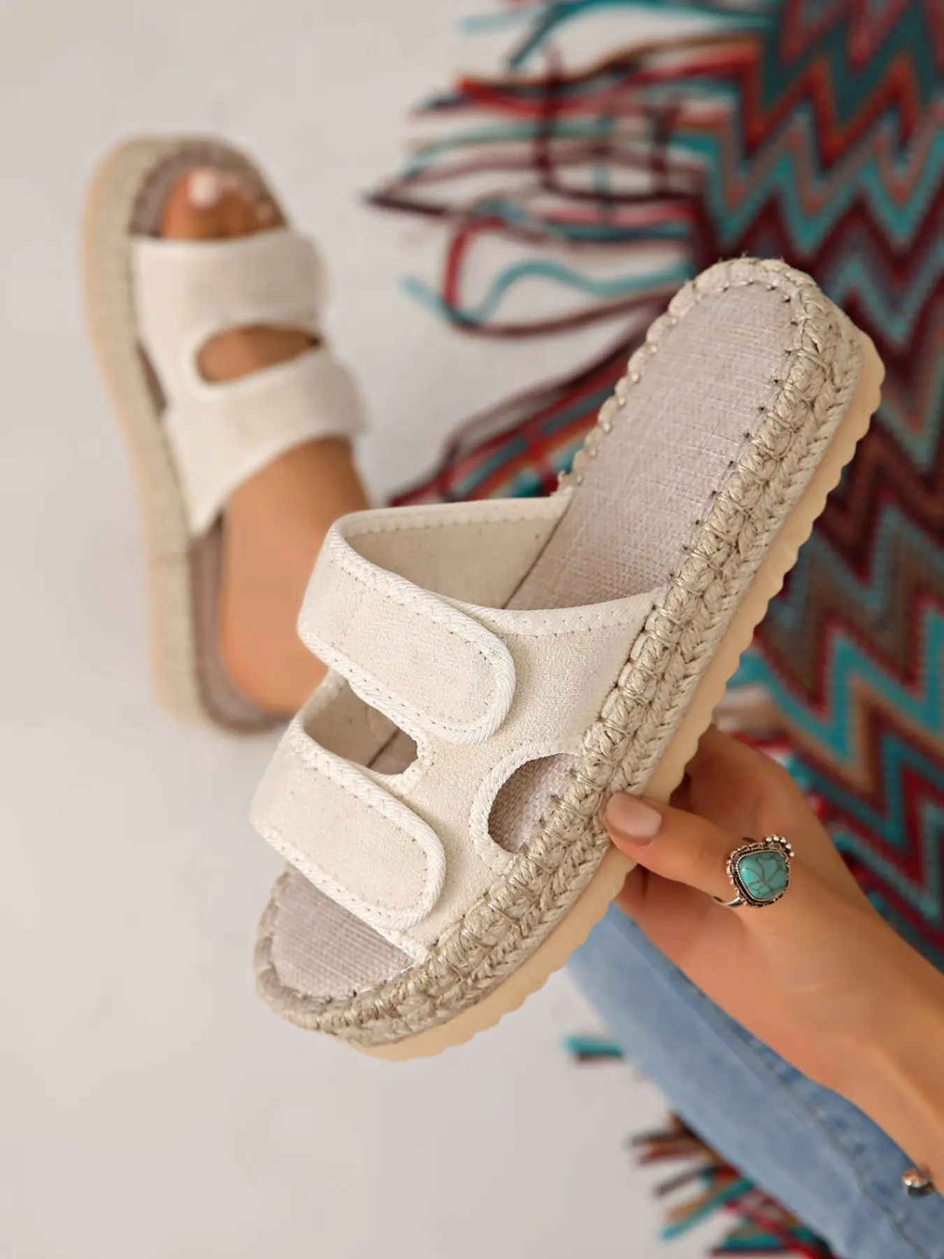 Adjustable Velcro Slippers for Lazy People, Comfortable and Versatile, Textile Upper, Rubber Sole, Casual Style, Less Than Ankle Height