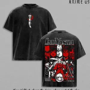 Inuyasha Kagome Higurashi Sesshomaru Kikyo Miroku Sango Shippo Anime Shirt Vintage Washed Oversized Tee Red Graphic Back Print Heavy Cotton Streetwear Manga Gift DN3