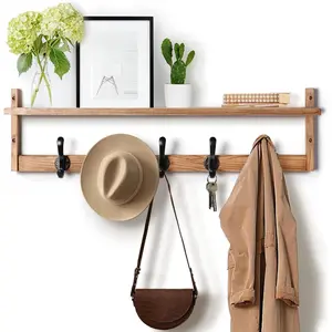 29'' Coat Rack Wall Mount with Shelf, Wood Wall Hooks with Storage, Entryway Shelf with 5 Hangers for Bathroom, Living Room, Bedroom, Rustic Brown