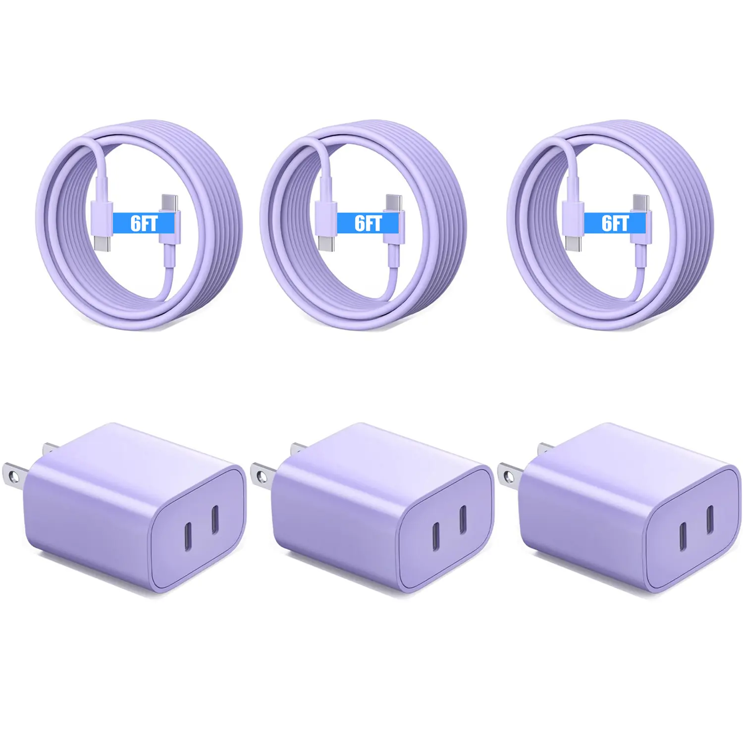 iPhone 15 16 17 Charger, 3 Pack Purple Dual USB C Charger Block 20W USB-C Power Adapter Wall Plug Cube Double C Port Charging Brick for iPhone 16 15 Pro Max Plus,iPad Pro with 3X 6FT Type-C Cable