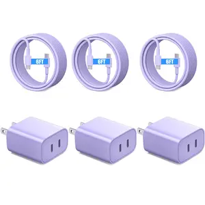 iPhone 15 16 17 Charger, 3 Pack Purple Dual USB C Charger Block 20W USB-C Power Adapter Wall Plug Cube Double C Port Charging Brick for iPhone 16 15 Pro Max Plus,iPad Pro with 3X 6FT Type-C Cable
