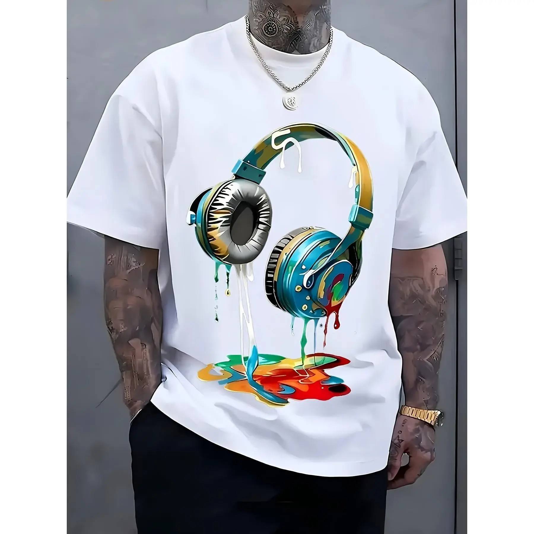 Men's Cotton Graphic T-Shirt with Colorful Art Headphones Print, Loose-Fitting Round Neck Short-Sleeve Top for Summer Daily Wear, Colorful Art Men's Short-Sleeve T-Shirts