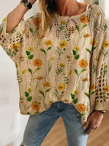 Women's Sunflower Daisy Floral Print Knit Hollow Out Batwing Top, Casual Elegant Vacation Style Sweater, Comfortable Breathable Loose Fit