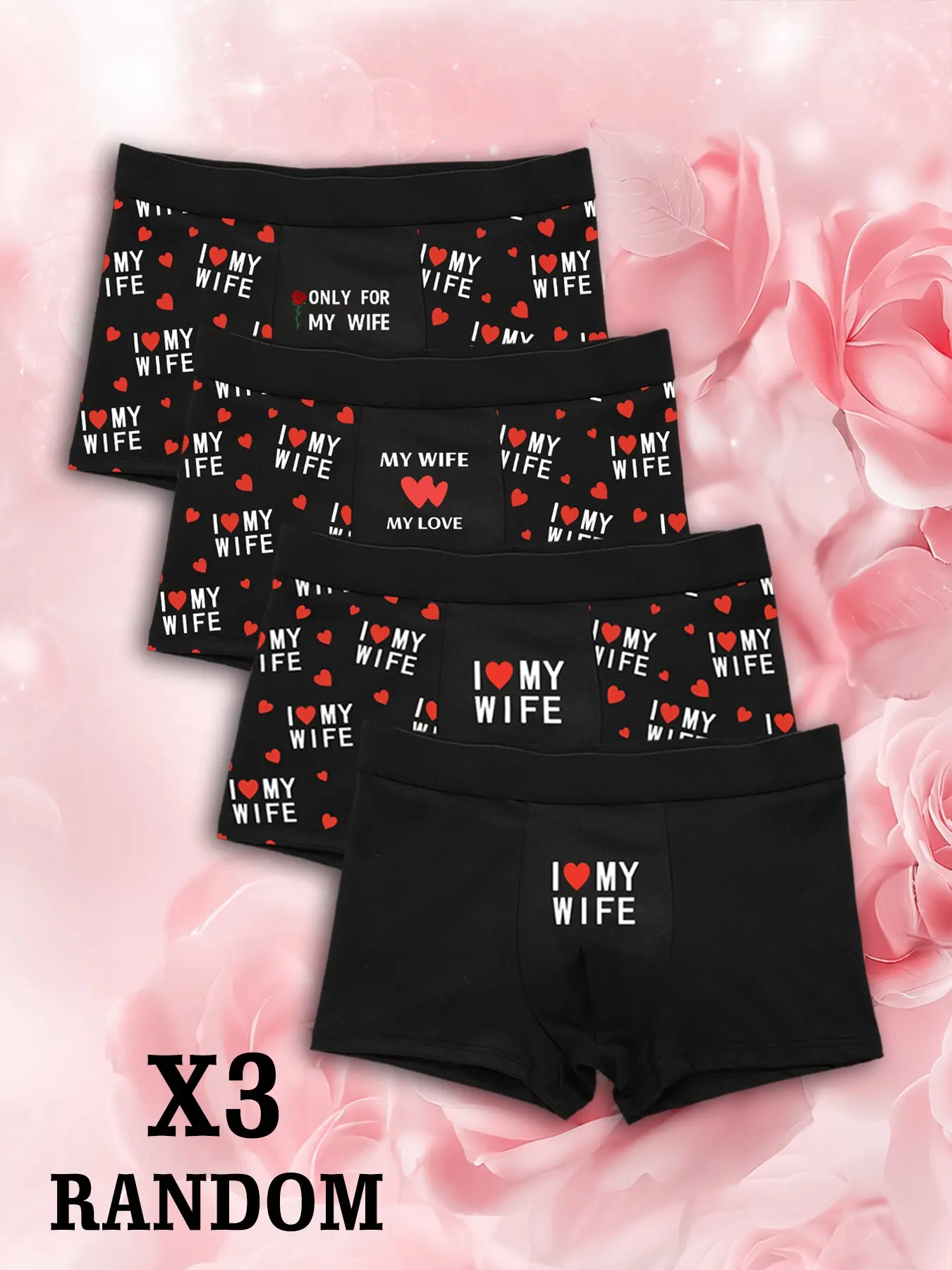 Men's Letter Heart Print Boxers, I Love My Wife Theme, Comfortable Soft Skin-Friendly, Daily Casual Underwear, Casual Fitted Underwear, Gift for Boyfriend/husband, Casual Style Underwear