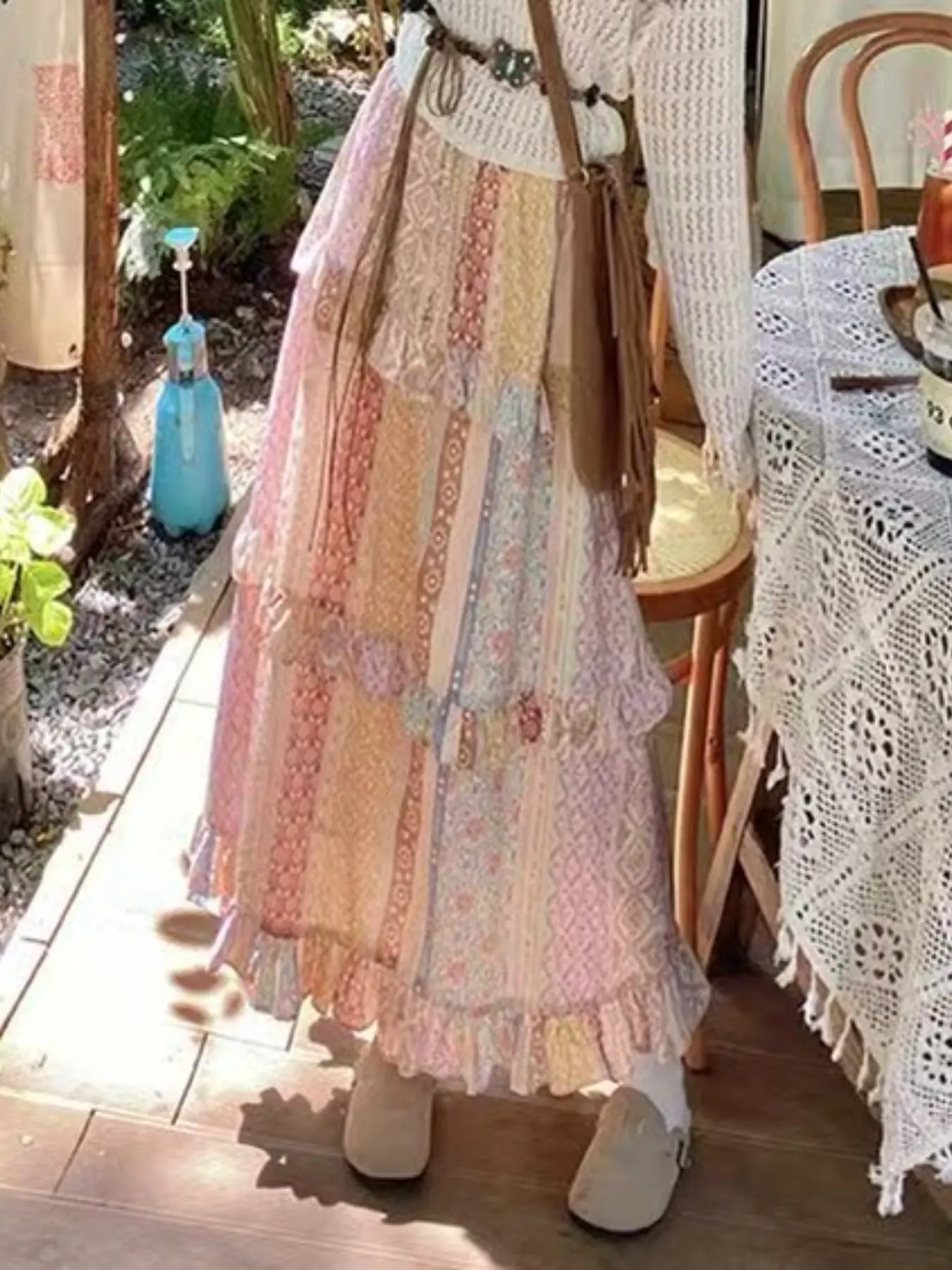 New Vacation Style Bohemian Ruffle Colorblock Midi Skirt for Women, Womenswear, Travel Casual Patchwork Floral Cake Dress, Elegant All-Season Fashion, Chic Boho Style, Boho, Maxi, Casual Comfy Skirt, Beach Skirt Cover Up
