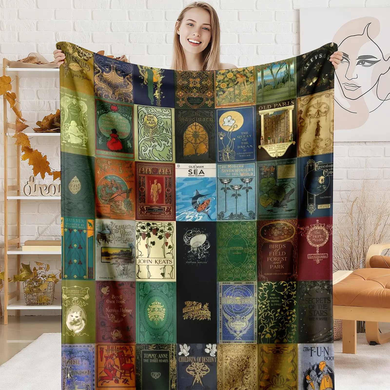 Vintage Book Cover Flannel Throw Blanket, Classic Literature Alice In Wonderland Old Man And Sea Collage Pattern Soft Warm Cozy Nap Blanket for Couch Bed Sofa, Literary Gift for Book Lover Her Him, Birthday Christmas Holiday Gift