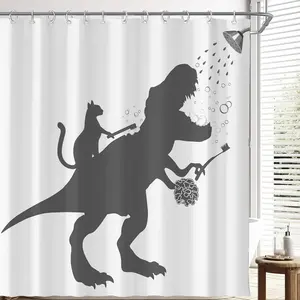 Funny Dinosaur Shower Curtain with Cat, Creative Bathroom Décor, 72x72 Inch, Kids & Family-Friendly
