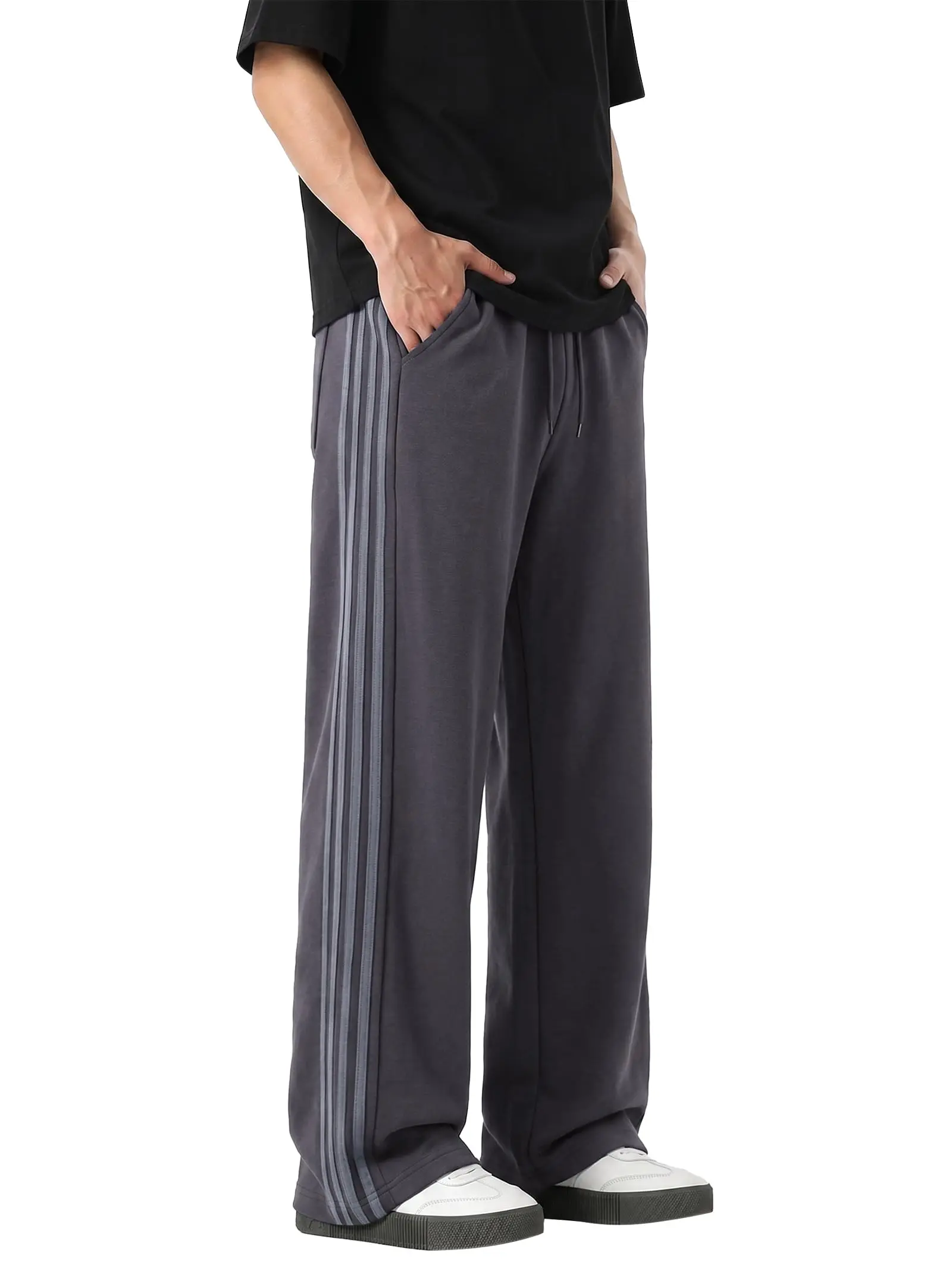 EMMIOL Baggy Wide Leg Sweatpants for Men Casual Track Bottoms | Vertical Striped Detail, Drawstring Waist, Side Pockets, Relaxed Fit, Y2K Streetwear, Fall Winter, Back To School New Arrival