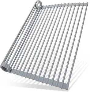 Over Sink Dish Drying Rack, Silicone Wrapped 17.6" W x 15.4" L Large Over The Sink Roll Up Dish Drainer - Foldable Sink Drying Rack Rolling Drain Mats Anti-Slip Multipurpose for Kitchen Counter