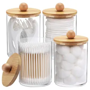 4-Pack Round Plastic Apothecary Jar Canister Dispenser Set - 10-oz Modern Waterproof Bathroom Organizer Storage Containers with Bamboo Lids for Cotton Balls, Cotton Swabs, With Lid