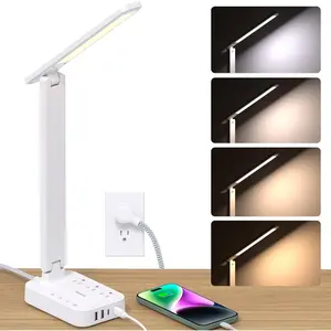 LED Desk Lamp, Power Strip with 3 Outlets 4 USB Charging Ports(2 USBC), 4 Modes 5 Level Brightness Touch Lamp, Small Desk Lamp for Home Office College Dorm Room Essentials, White