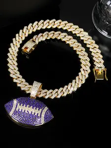 Blue Rugby Pendant Statement Necklace with Bling-Bling Cuban Chain, Fashionable Punk Jewelry for Men & Women, Hip-Hop & Rap Accessories