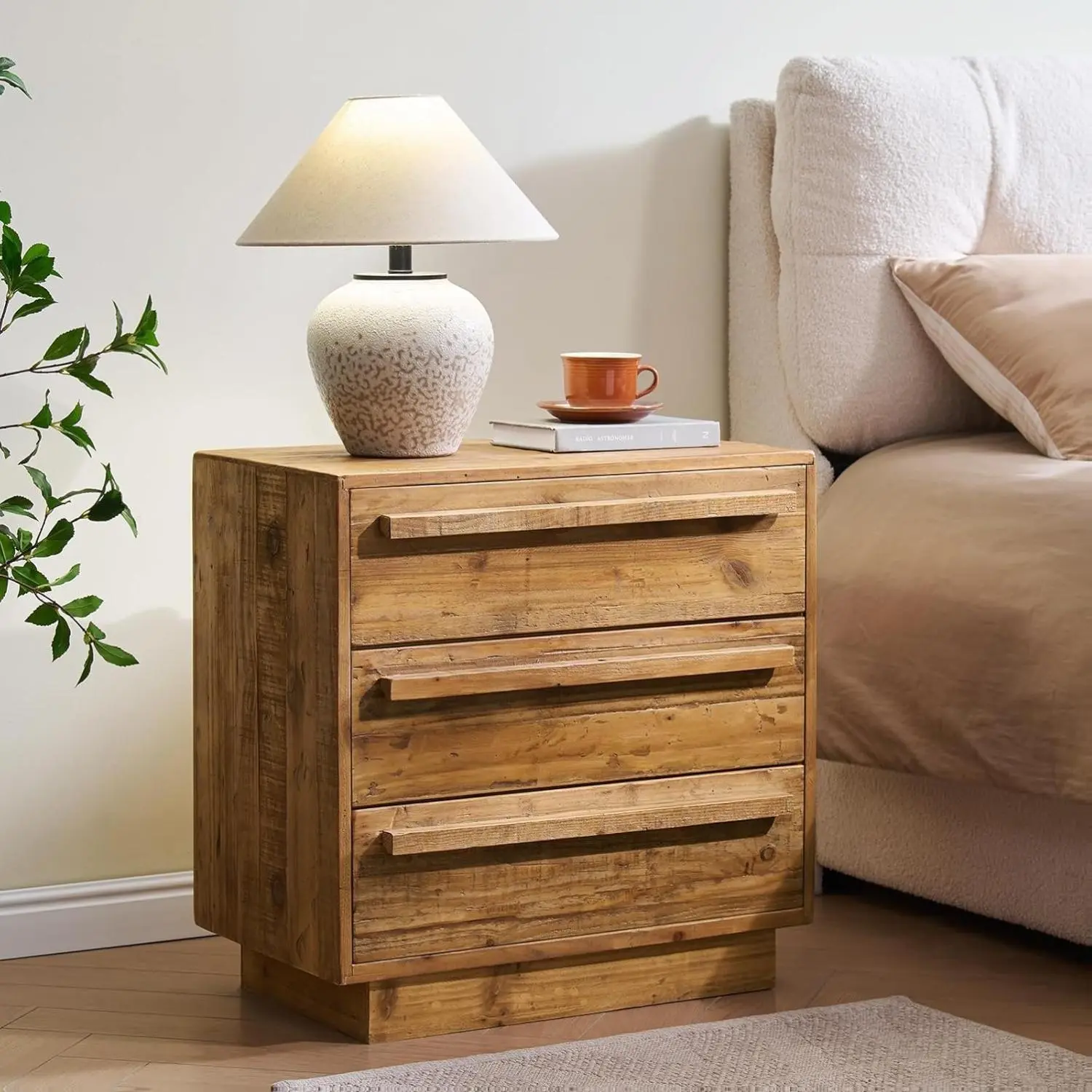 PieDle Furniture Reclaimed Solid Wood Nightstand-24 Inches Large End Table with 3 Drawers, Pre-Assembled Farmhouse Bedside Tables for Living Room, Bedroom