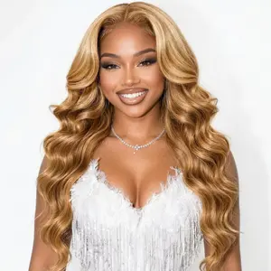UNice Glueless Honey Blonde Highlights Body Wave Wig With Drawstring Pre Cut 7x5 HD Lace Closure Human Hair Wigs with Bleached Knots Beginners Friendly Ready and Go
