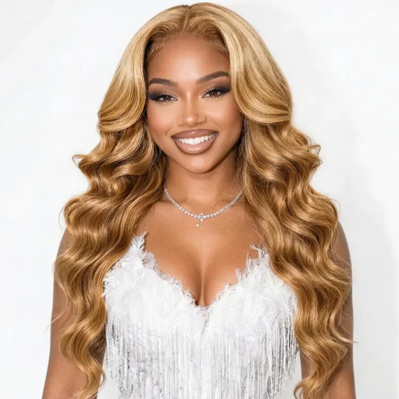 UNice Glueless Honey Blonde Highlights Body Wave Wig With Drawstring Pre Cut 7x5 HD Lace Closure Human Hair Wigs with Bleached Knots Beginners Friendly Ready and Go