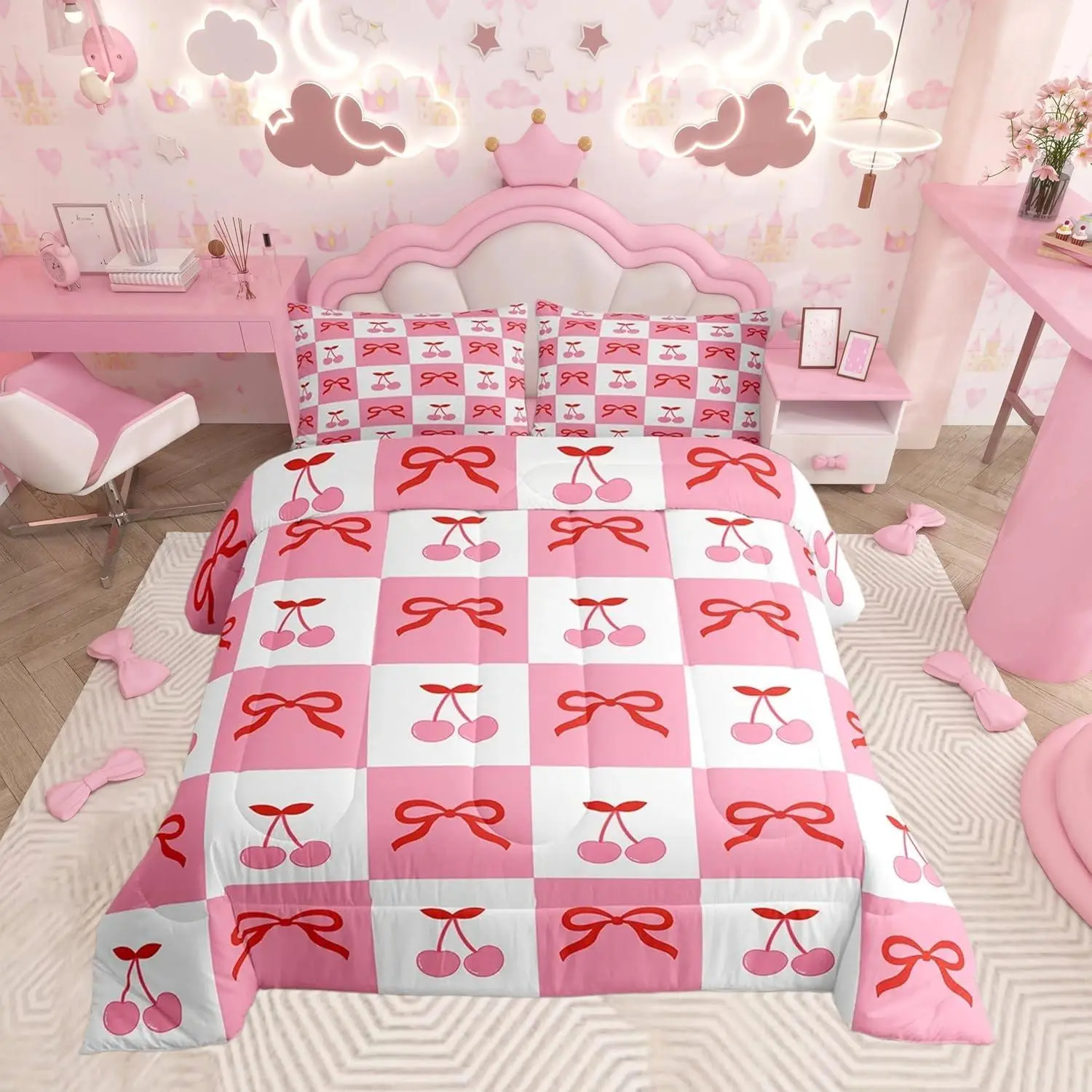 Cheery Bowknot Comforter Set Pink Cherry Comforter for Boys Girls Teens Cherry Pattern Bedding Set Dreamy Princess Style Duvet Set Medium Pink Quilt Set