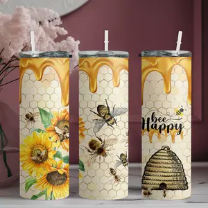 20oz stainless steel water bottle with straw, bees collecting honey sunflower honeycomb pattern skinny tumbler, suitable for fitness, travel, driving, and daily use at home. A great gift for family and friends | 1pc