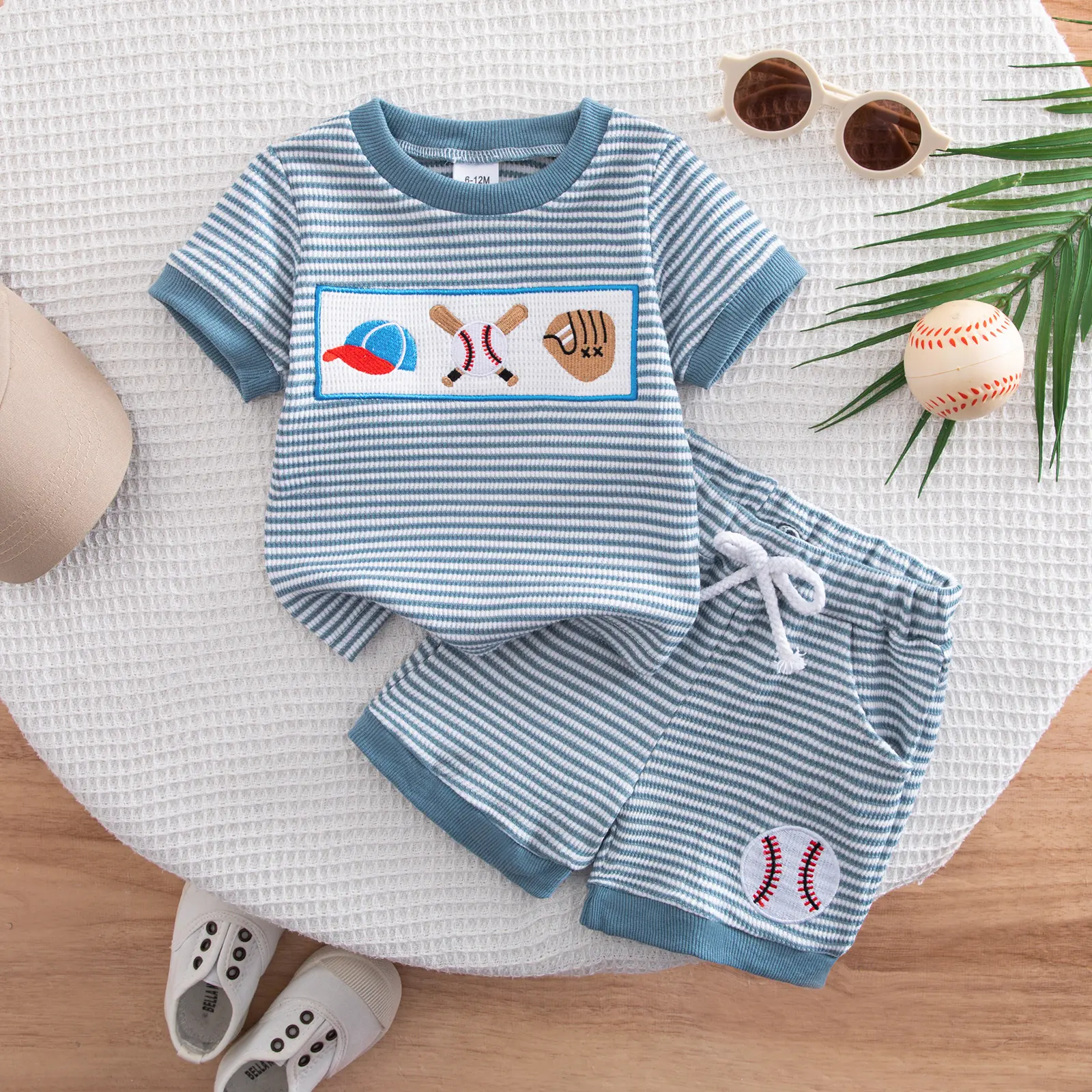 Infant 2-Piece Soft Knits Summer Gift Set - Short Sleeve Waffle Knit Striped Top with Baseball Patch Embroidery, Adjustable Elastic Drawstring Casual Sport Shorts