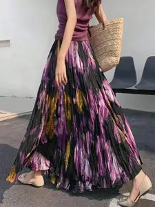 Women's Colorblock Floral Print Midi Skirt, High Waist, Elastic Waist, A-Line, Vintage Boho Casual Dress, Summer Beach Music Festival