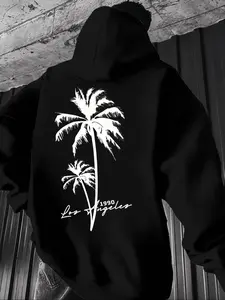 Men's Casual Loose Hooded Sweatshirt Graphic Print Hoodie with Letter Coconut Tree Print, Fitted Long Sleeve Top for Fall & Winter, Versatile Daily Wear