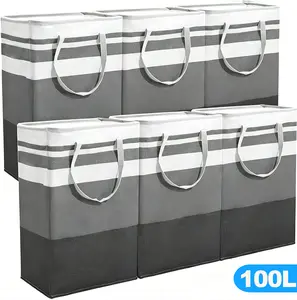 100L large laundry basket bag waterproof independent laundry basket foldable high leg laundry basket with extended handle Cotton Metal Organiser , Foldable Stair Storage Basket with Handles