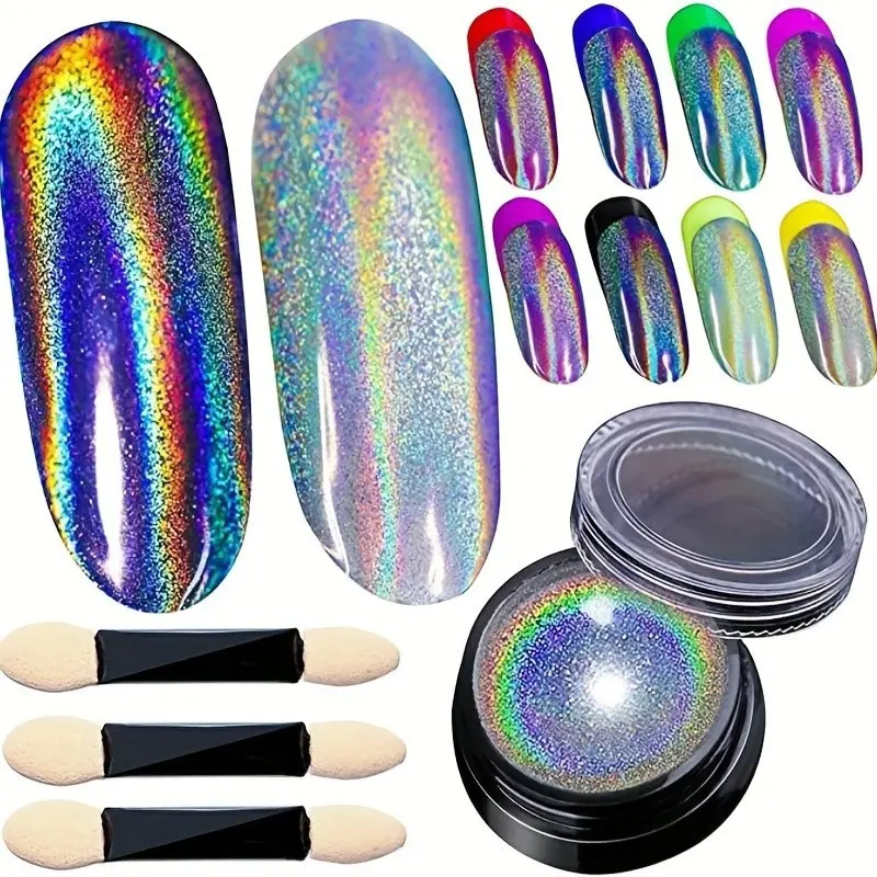 Magic Mirror Glitter Powder, Holographic Rainbow Nail Art Stickers, Long Lasting Shine, DIY Nail Decoration Accessories, Nail Art Supplies