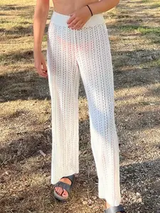 Women's White Hollow Out Knit Wide Leg Pants, Chic High Waist See-Through Crochet Trousers for Summer, Fashion Women's Boho Knitwear for Daily Wear