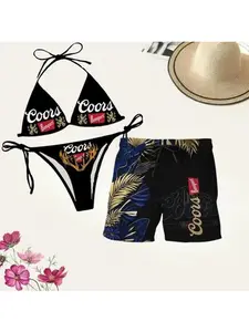 Coors Swimsuits For Couples - Swim Bra & Tie Side Thong Bikini + Men's Beach Shorts, Summer Vacation Swimsuit, Hawaiian Shorts
