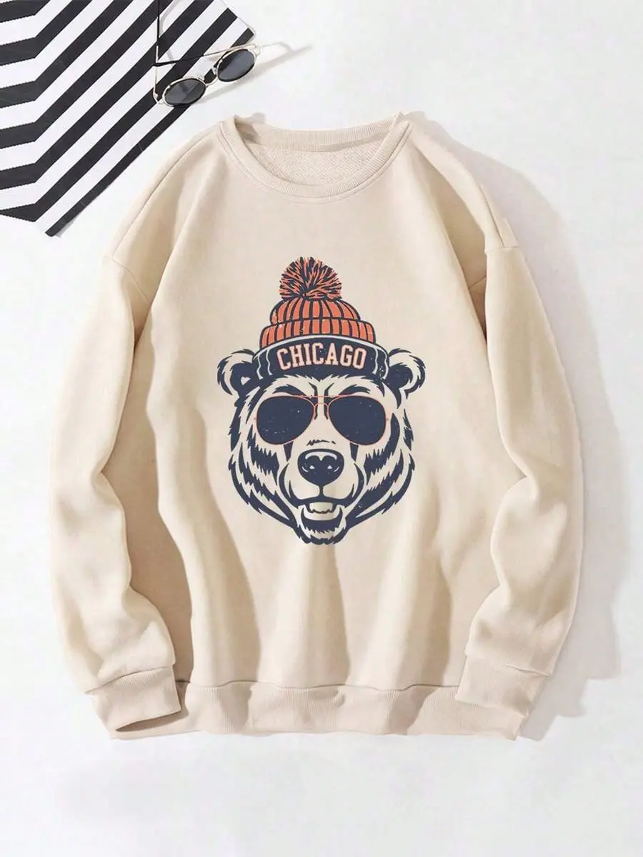 K-GLORY Men's Round Neck Casual Bear Head Print Loose Comfortable Sweatshirt |   Chicago Element DesignStylish And Warm Sweatshirt