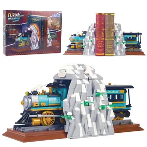 1205PCS Vintage Steam Train Bookend Building Blocks Set Book Holder with Mountain Assmble Tunnel Book Stand Kit Toy For Teens