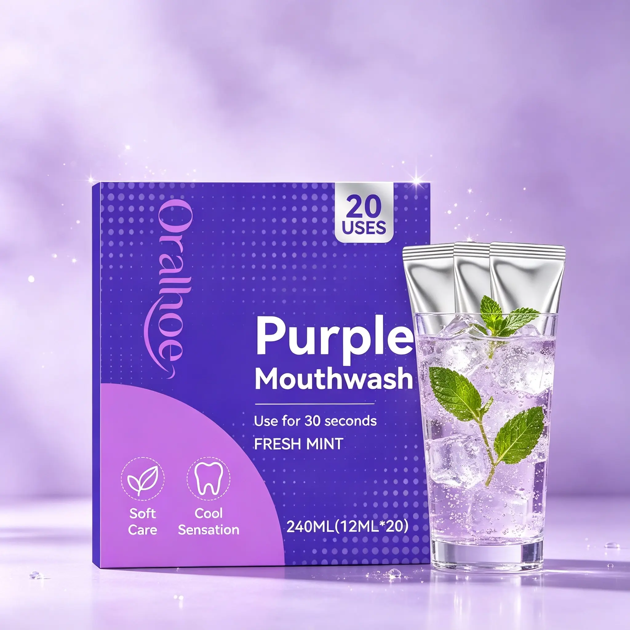 20 Sachets Portable Purple Oral Rinse, Alcohol & Peroxide Free Mint Flavor Mouth Care Liquid, Mild Formula for Daily Oral Cleansing & Long Lasting Fresh Breath, Individual Strip Package for Travel & Daily Household Oral Maintenance