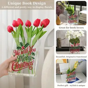 1pc Merry Christmas Acrylic Book Vase with Festive Greeting Clear Rectangular Tabletop Decor for Holiday Home & Office Perfect Gift for Mom Dad Colleague Christmas Decorations Best for Christmas Vase for Flower/decoration Decorative Vase