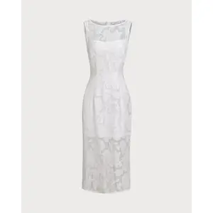 rihoas Lady's Elegant White Lace Boat Neck Sleeveless Waisted Midi Dress - Spandex-Polyester Fabric, Bridal Casual & Formal Wear with Slit