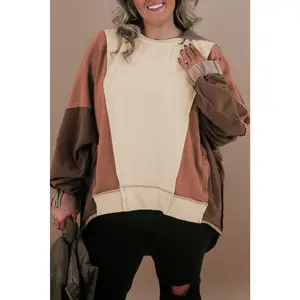 Brown Plus Size Exposed Seam Patchwork Sweatshirt