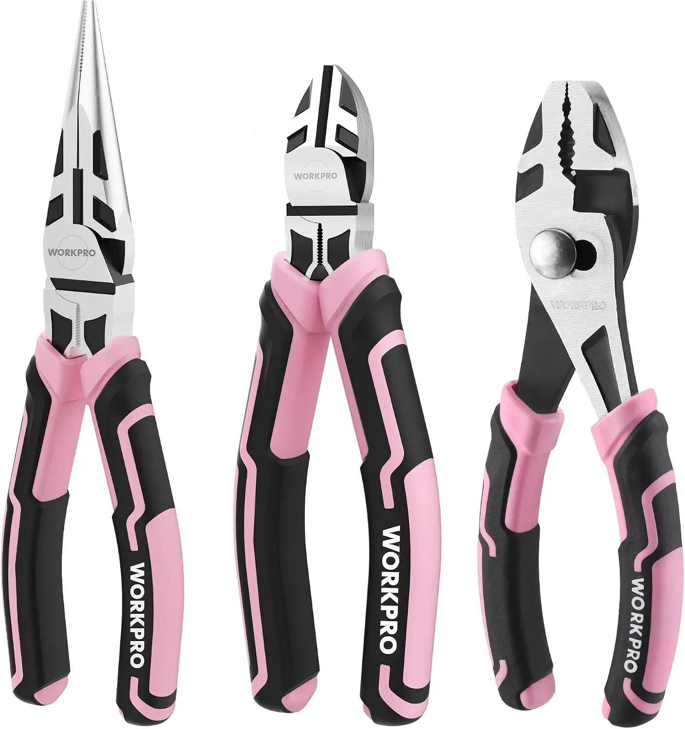 WORKPRO 3-Pack Pliers Set, Pink Tool Set Including Needle Nose & Diagonal Cutting & Slip Joint Pliers for Plumbing, Automotive and General Applications - Pink Ribbon