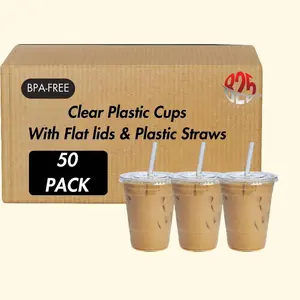 12 oz. Clear Plastic Cup with Flat Lid & Straw - 50/Pack Disposable Cream Transparent