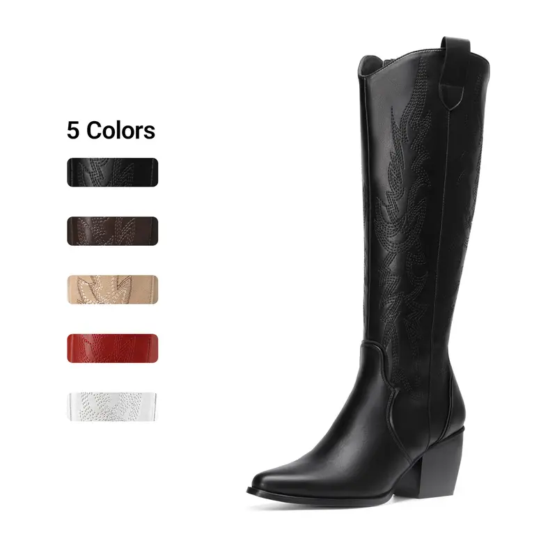 DREAM PAIRS Women's Wide Calf Cowboy Boots - Rubber Sole, Pull-On with Zipper, Chunky Heel, Pointed Toe, Embroidered Knee-High Retro Western Cowgirl Footwear for Country Concert Cowboy Aesthetic Outfits,outdoorfun