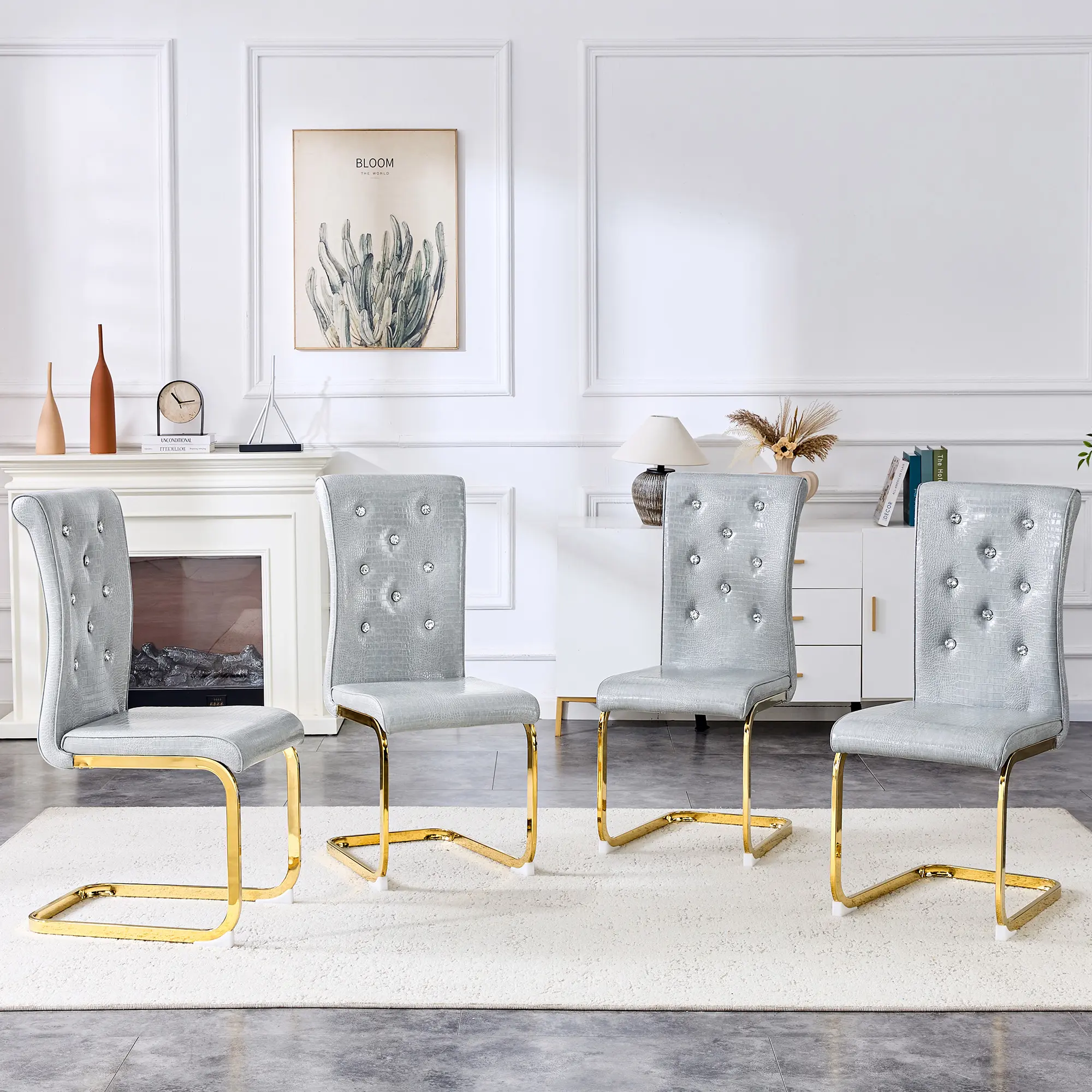 Dining Chairs Set of 4, Retro Alligator Skin Faux Leather Upholstered Kitchen Dining Chairs, Crystal Button Tufted High Back Side Chairs with Gold Plated Cantilever Bent Metal Legs, Modern Glam Elegant Accent Chairs for Dining Room, Living Room, Vanity