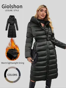 Women's Casual Hooded Puffer Jacket, Fall & Winter Thick Woven Fabric Coat, Warm Daily Wear with Belt Included