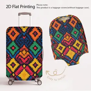 2D flat printed luggage cover with vibrant geometric pattern design, featuring a combination of orange, blue, green, red, yellow and other colors, presenting ethnic or modern abstract style (only for sale, luggage not included)