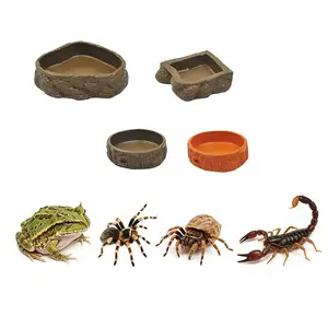 4 Piece Resin Reptile Food Bowl Set, Wooden Style Feeding Bowls, Ideal for Small Reptiles, Amphibians, and Invertebrates