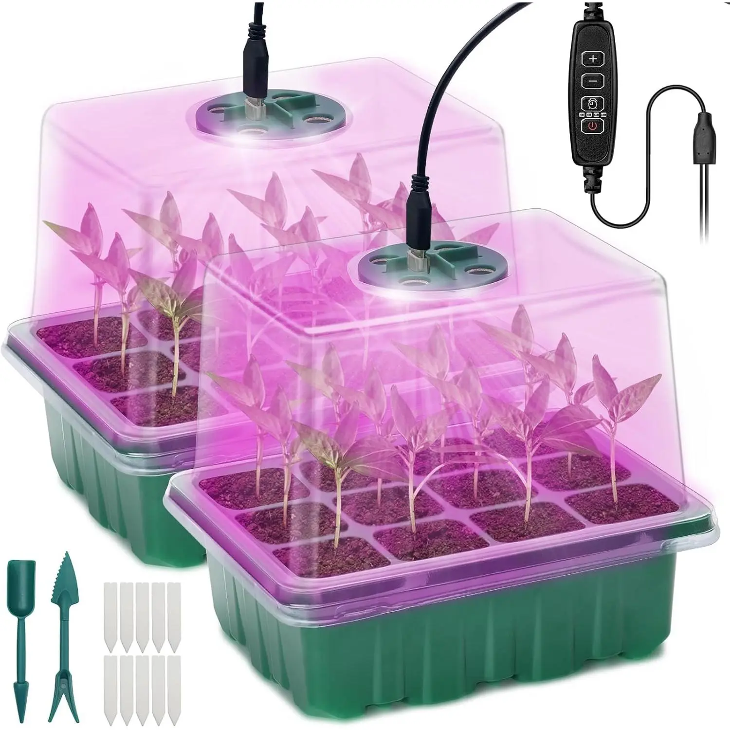 Seed Starter Tray, 2 count  Propagation Station with Grow Light,Seedling Starter Trays with Timing Controller,Mini Greenhouse Kit with Humidity Domes and Base, Tray for Seeds Growing Starting
