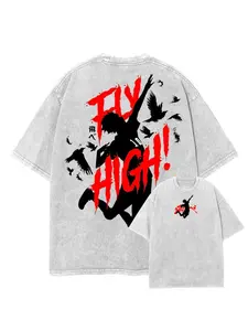 Haikyuu Fly High Vintage Washed T-Shirt Hinata Shoyo Crow Graphic Anime Tee