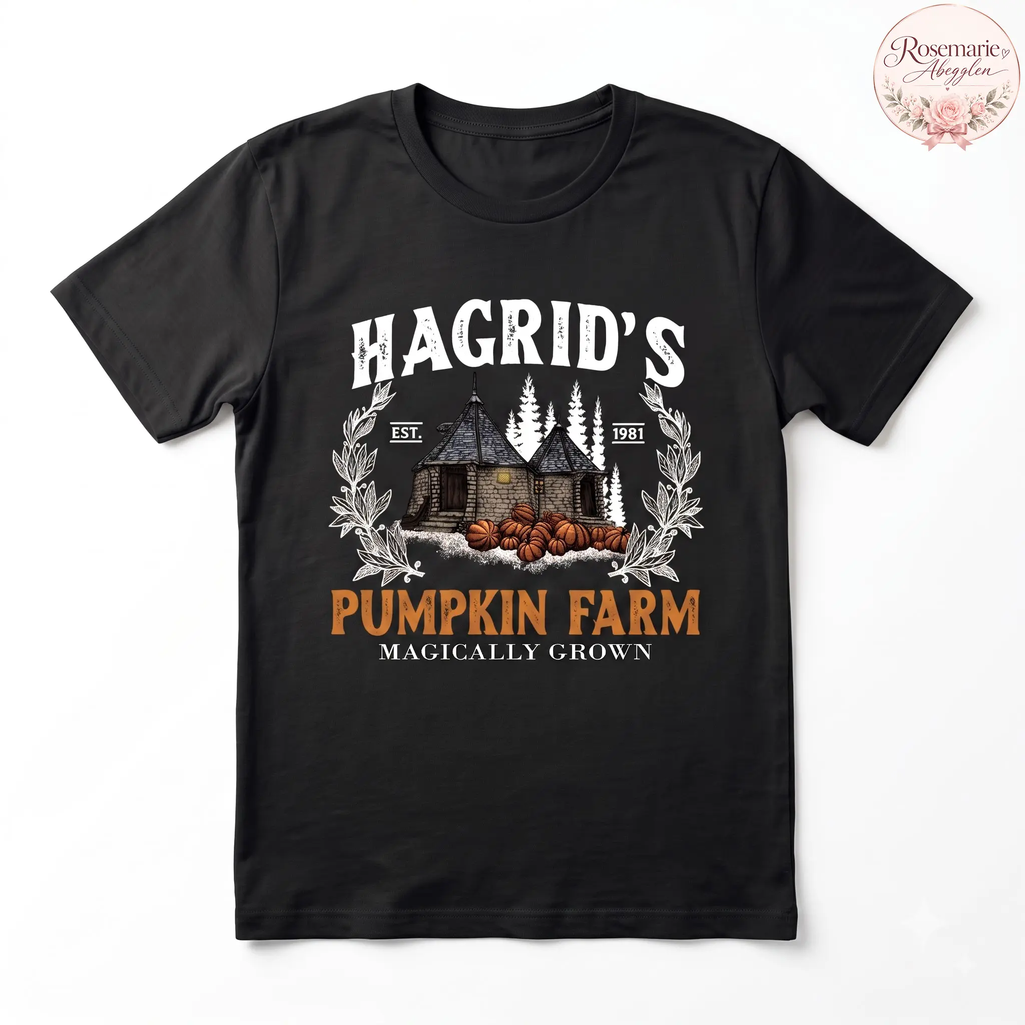 Harry Potter Hagrid’s Pumpkin Farm Graphic Print Short Sleeve T-Shirt - Adults' Standard Fit Multi-Size Spooky Theme Halloween Fall Pumpkin Patch Tee, Basic Adult, Regular Cut
